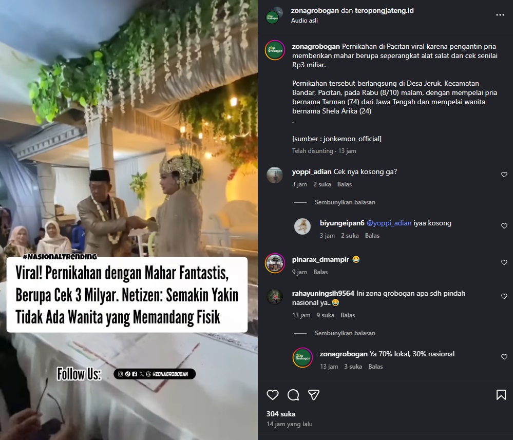 Viral pernikahan di Pacitan dengan mahar cek Rp 3 miliar.